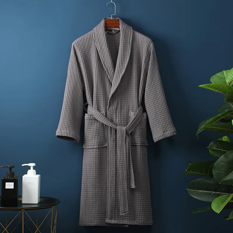 Unisex Waffle Bathrobe with Shawl Collar and Belt
