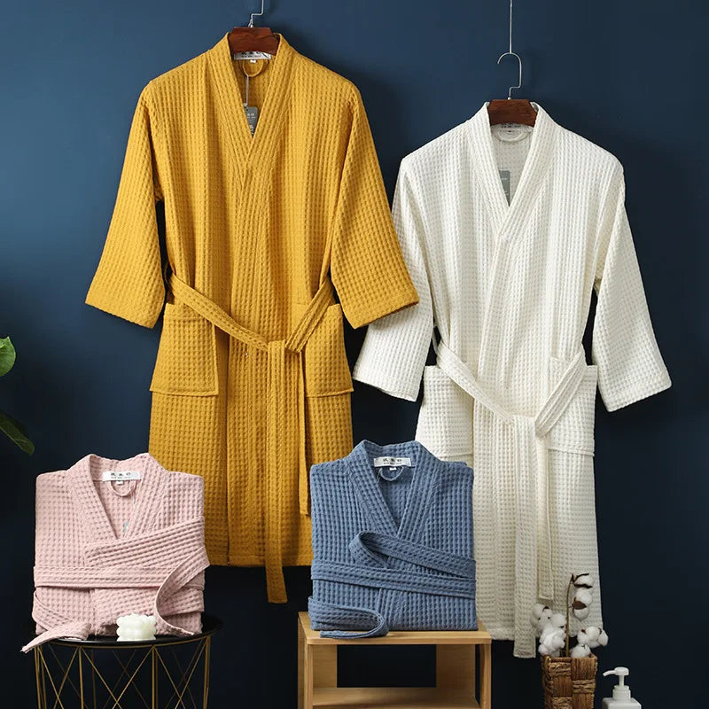 Unisex Waffle Bathrobe with Shawl Collar and Belt