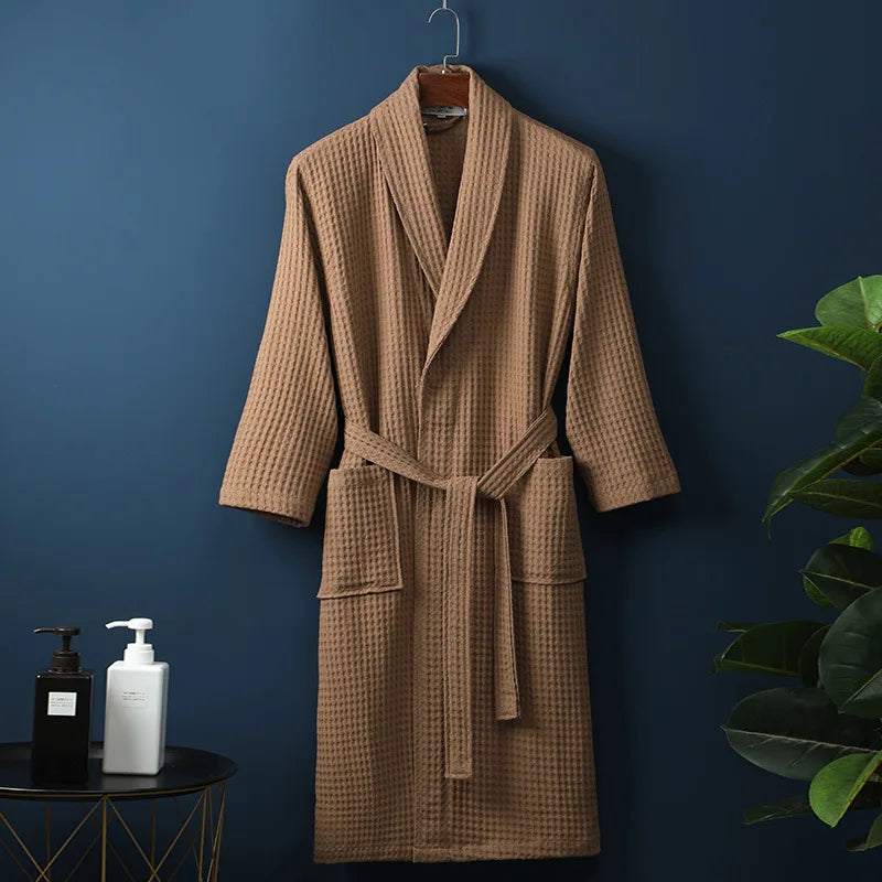 Unisex Waffle Bathrobe with Shawl Collar and Belt
