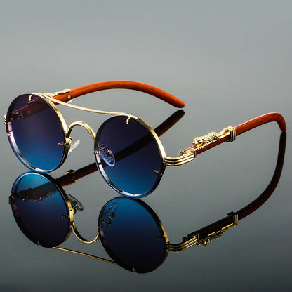 Unisexe Lunettes de Soleil Rondes Rétro avec Monture Dorée et Branches Décorées