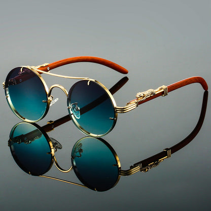Unisexe Lunettes de Soleil Rondes Rétro avec Monture Dorée et Branches Décorées