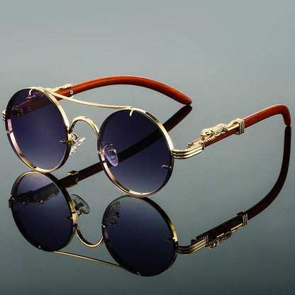 Unisexe Lunettes de Soleil Rondes Rétro avec Monture Dorée et Branches Décorées