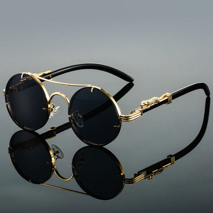 Unisexe Lunettes de Soleil Rondes Rétro avec Monture Dorée et Branches Décorées