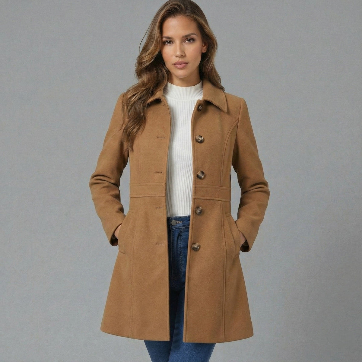Women's A-Line Coat with Collar and Button Front