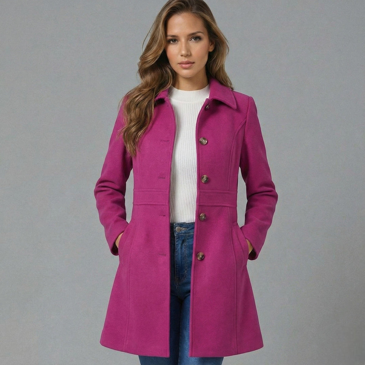 Women's A-Line Coat with Collar and Button Front