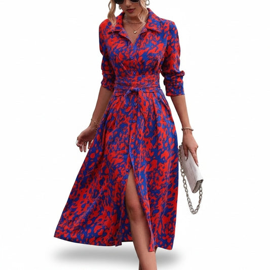 Women's A-Line Midi Dress with Print, Shirt Collar, Buttons, and Belt - 1
