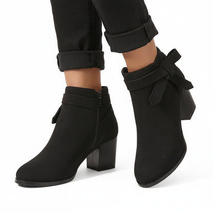 Women's Ankle Boots with Block Heel and Bow Detail
