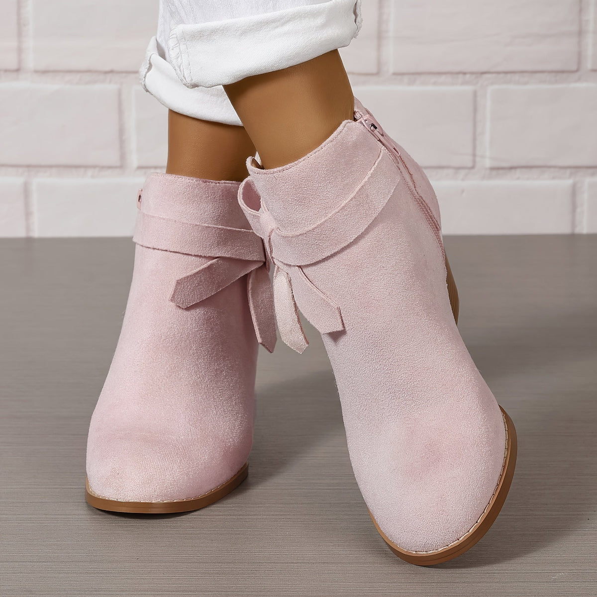 Women's Ankle Boots with Block Heel and Bow Detail