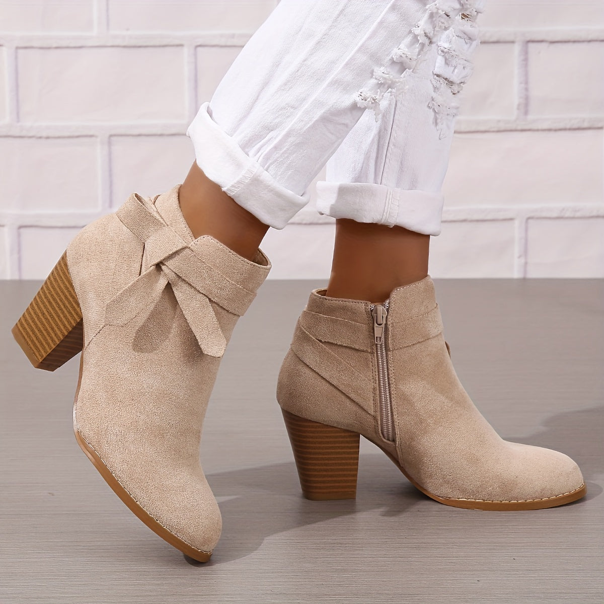 Women's Ankle Boots with Block Heel and Bow Detail