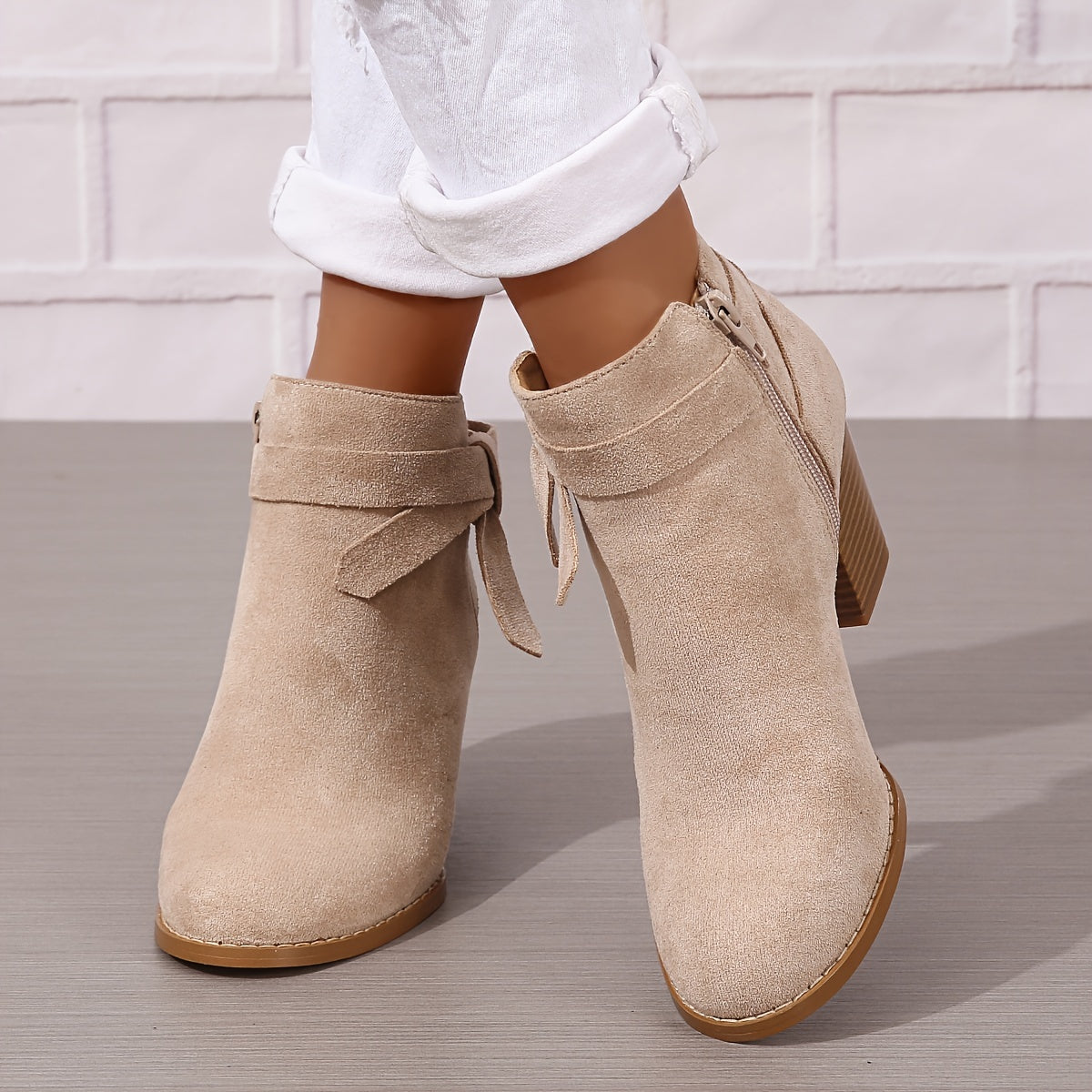 Women's Ankle Boots with Block Heel and Bow Detail