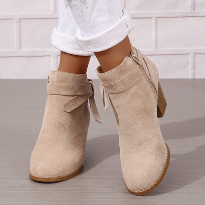 Women's Ankle Boots with Block Heel and Bow Detail