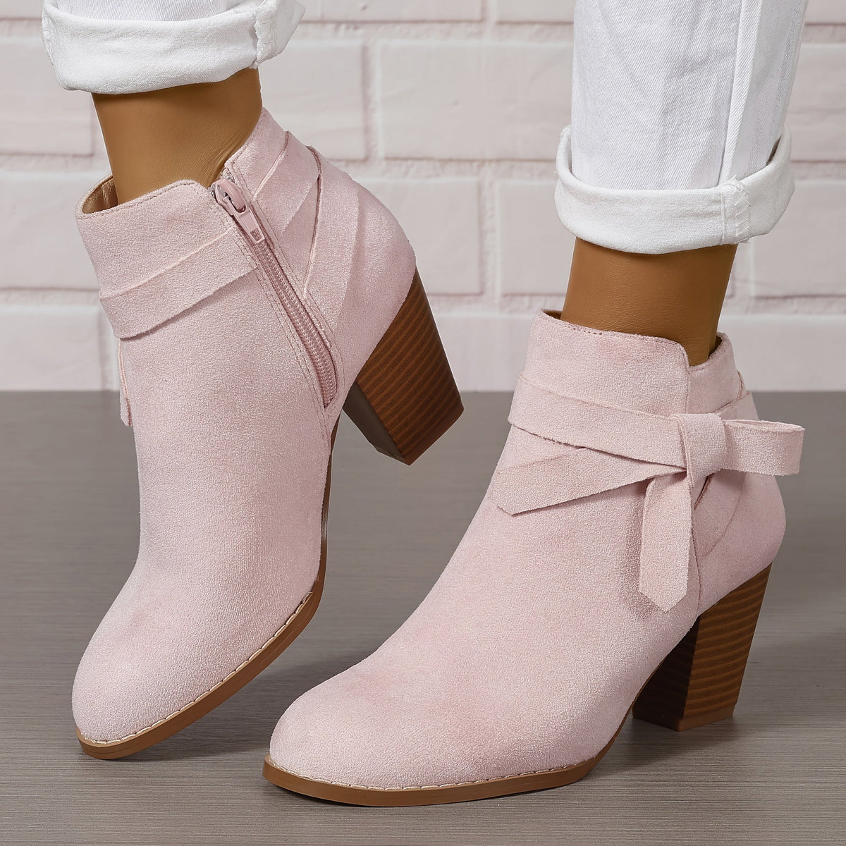Women's Ankle Boots with Block Heel and Bow Detail