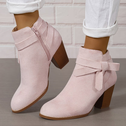 Women's Ankle Boots with Block Heel and Bow Detail