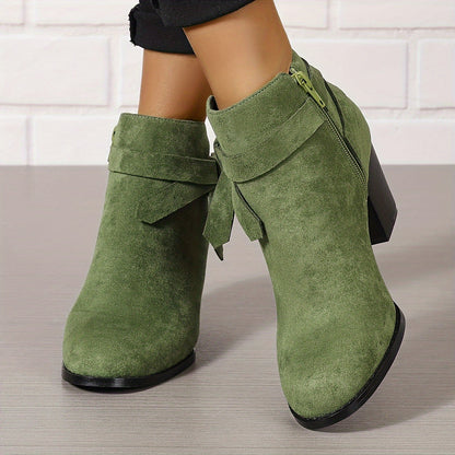 Women's Ankle Boots with Block Heel and Bow Detail
