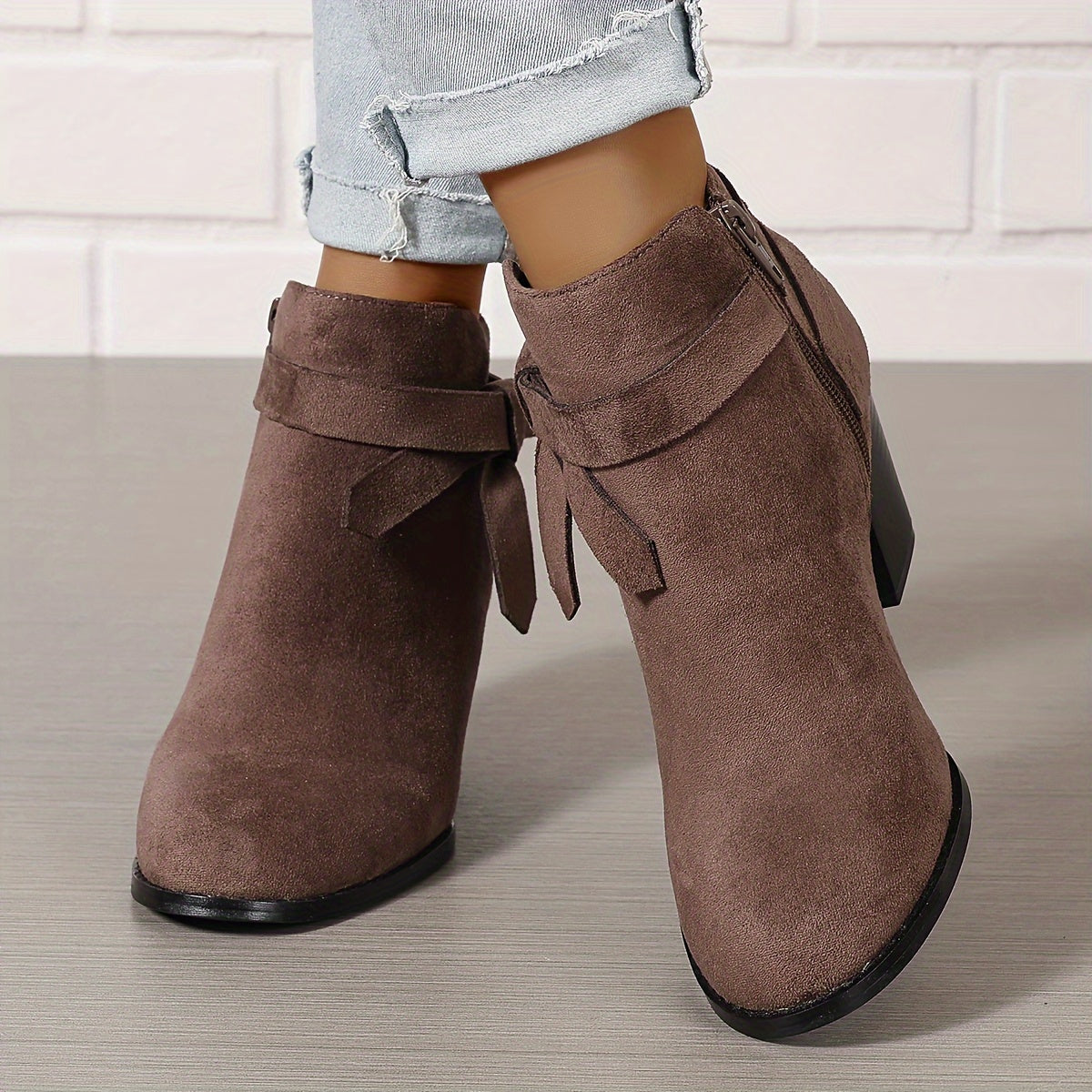 Women's Ankle Boots with Block Heel and Bow Detail