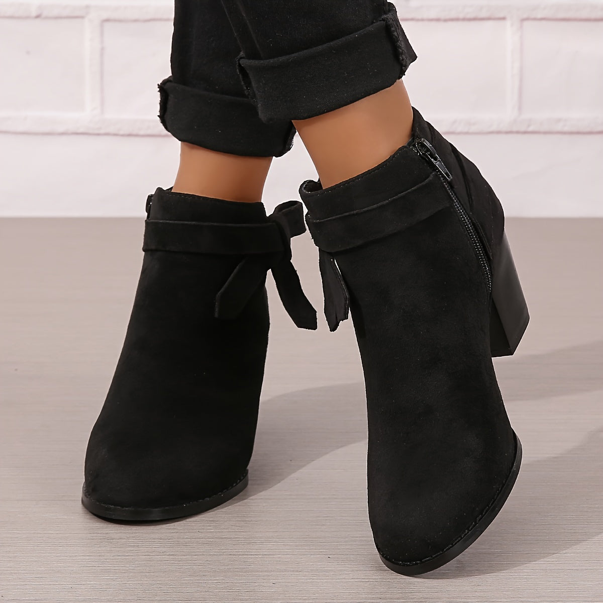 Women's Ankle Boots with Block Heel and Bow Detail