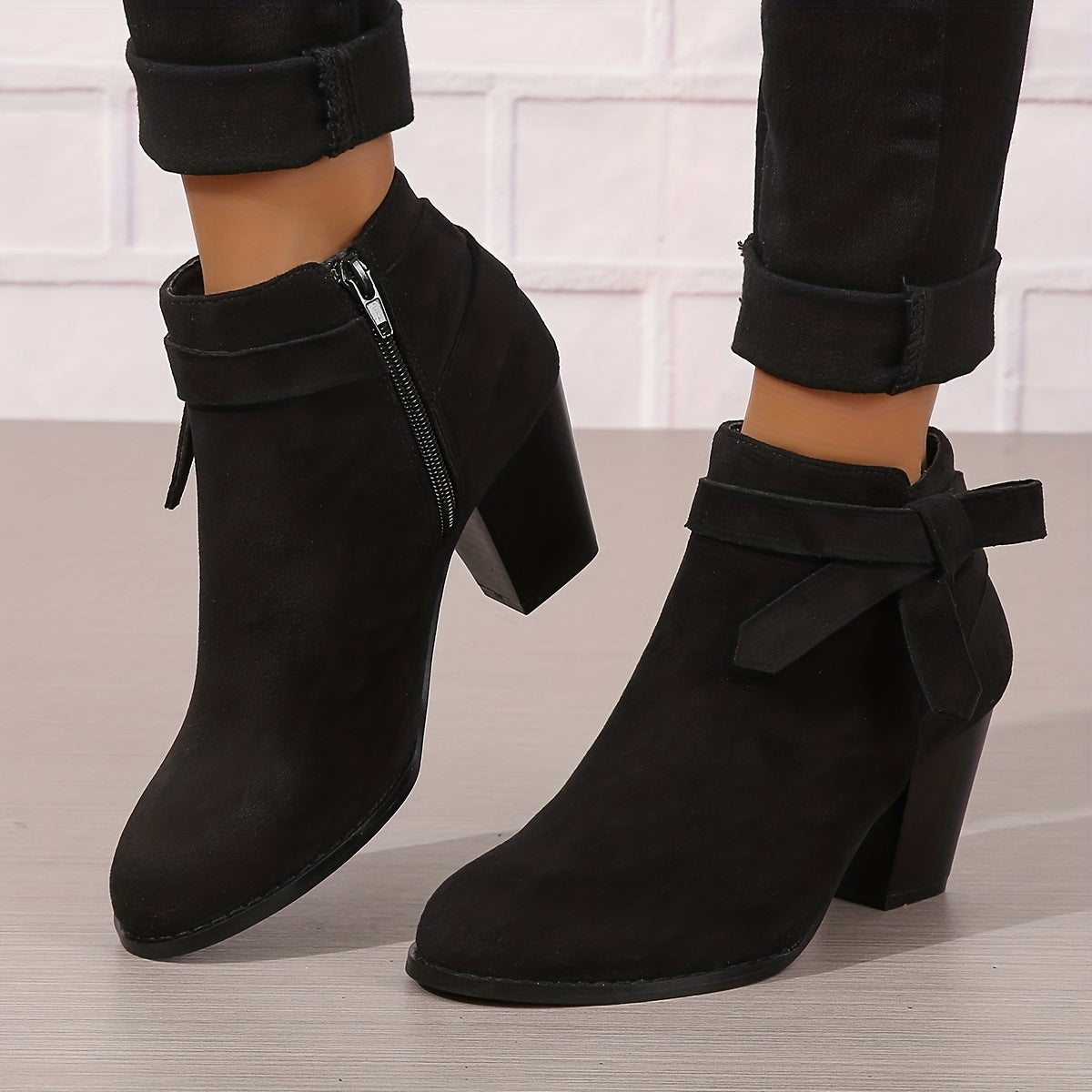 Women's Ankle Boots with Block Heel and Bow Detail