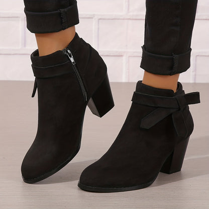 Women's Ankle Boots with Block Heel and Bow Detail