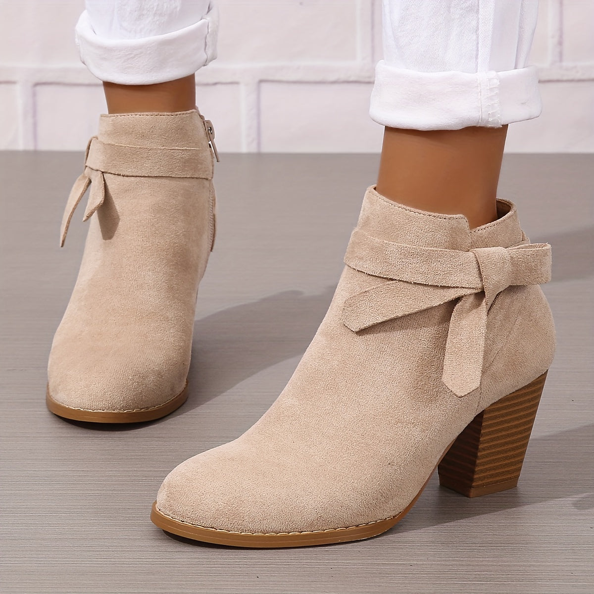 Women's Ankle Boots with Block Heel and Bow Detail