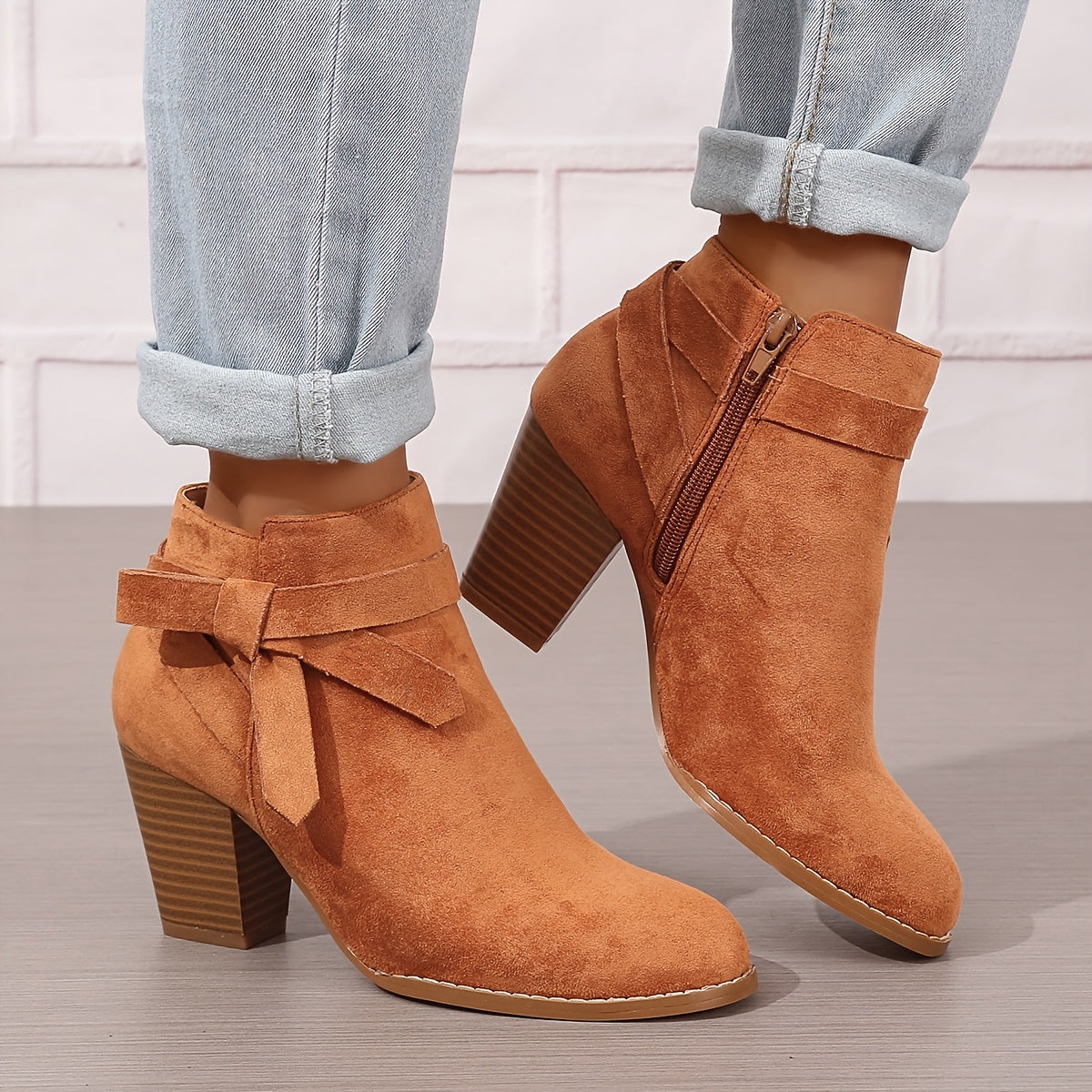 Women's Ankle Boots with Block Heel and Bow Detail