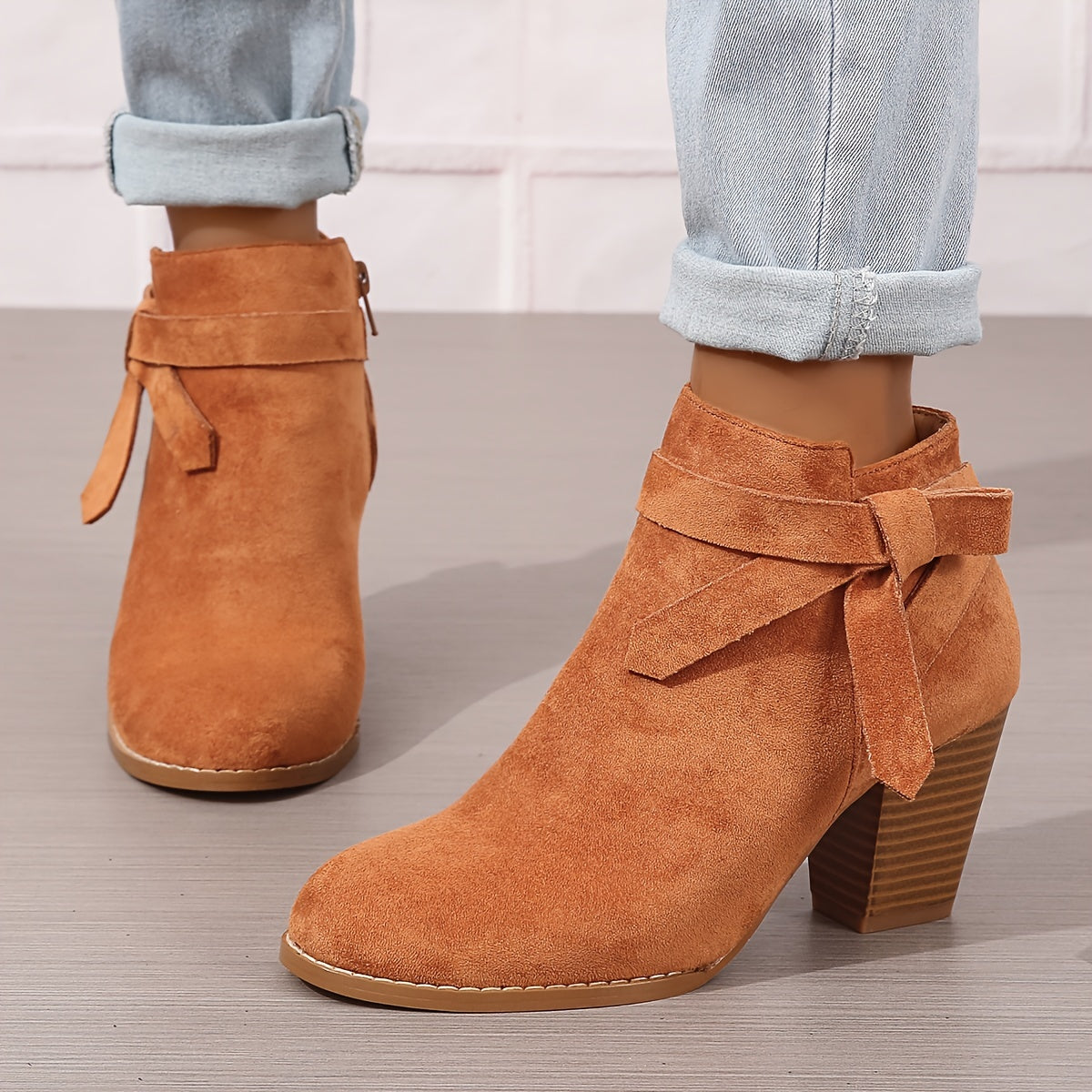 Women's Ankle Boots with Block Heel and Bow Detail