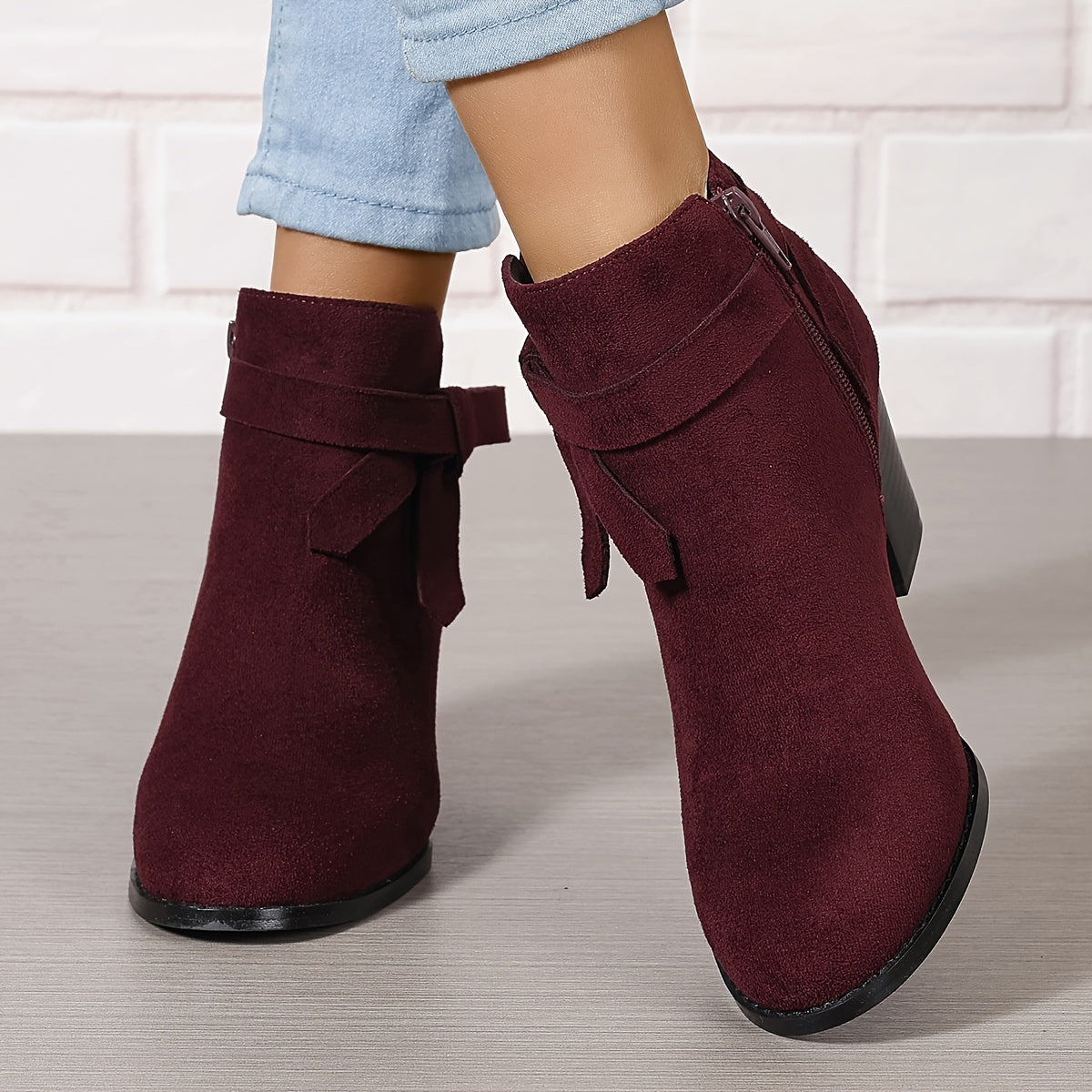 Women's Ankle Boots with Block Heel and Bow Detail