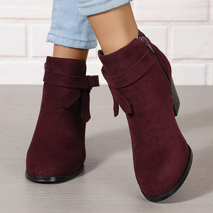 Women's Ankle Boots with Block Heel and Bow Detail