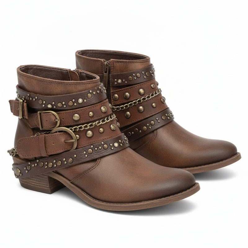 Women's Ankle Boots with Buckle Straps, Chains and Metal Studs