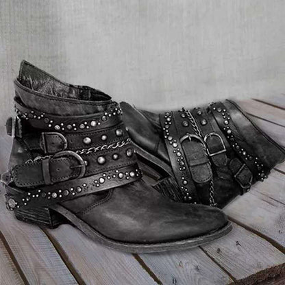 Women's Ankle Boots with Buckle Straps, Chains and Metal Studs