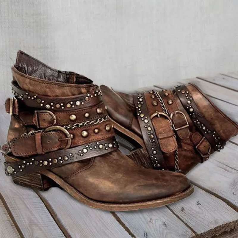 Women's Ankle Boots with Buckle Straps, Chains and Metal Studs