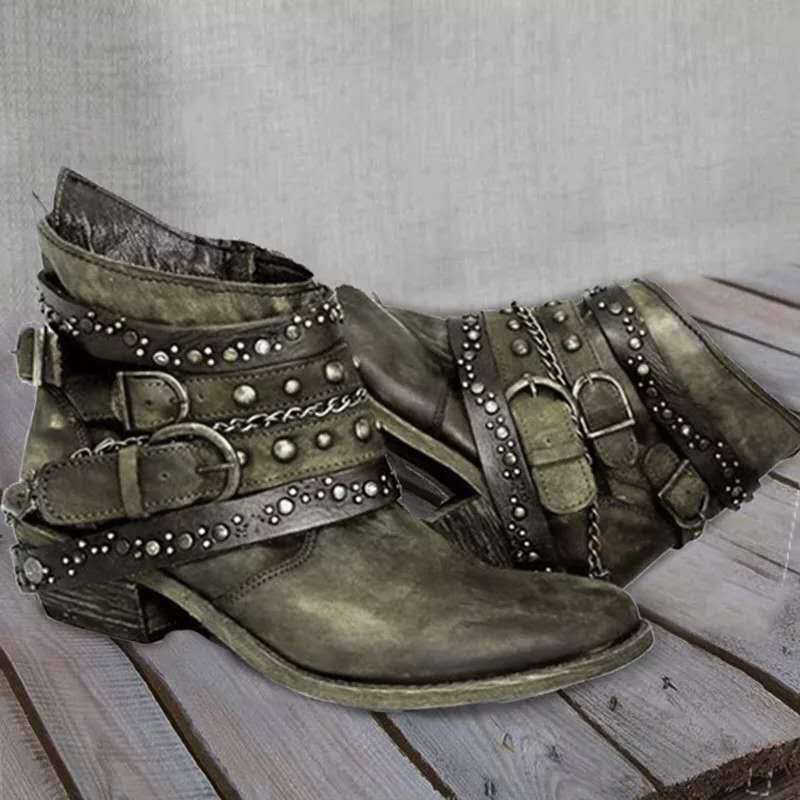 Women's Ankle Boots with Buckle Straps, Chains and Metal Studs