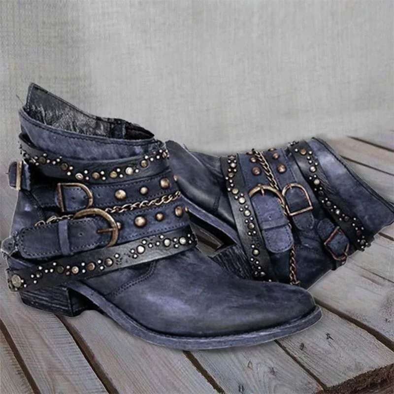 Women's Ankle Boots with Buckle Straps, Chains and Metal Studs