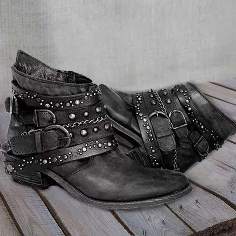 Women's Ankle Boots with Buckle Straps, Chains and Metal Studs