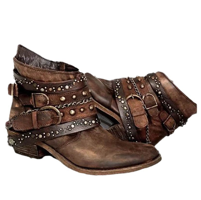 Women's Ankle Boots with Buckle Straps, Chains and Metal Studs