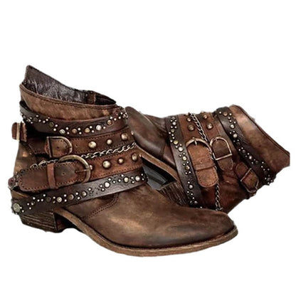 Women's Ankle Boots with Buckle Straps, Chains and Metal Studs