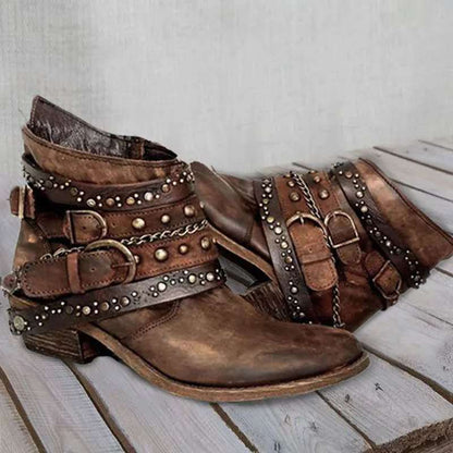 Women's Ankle Boots with Buckle Straps, Chains and Metal Studs