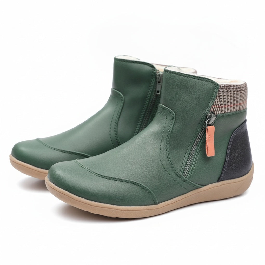 Women's Ankle Boots with Side Zip and Plaid Collar Detail