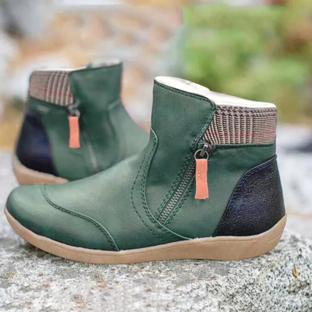 Women's Ankle Boots with Side Zip and Plaid Collar Detail
