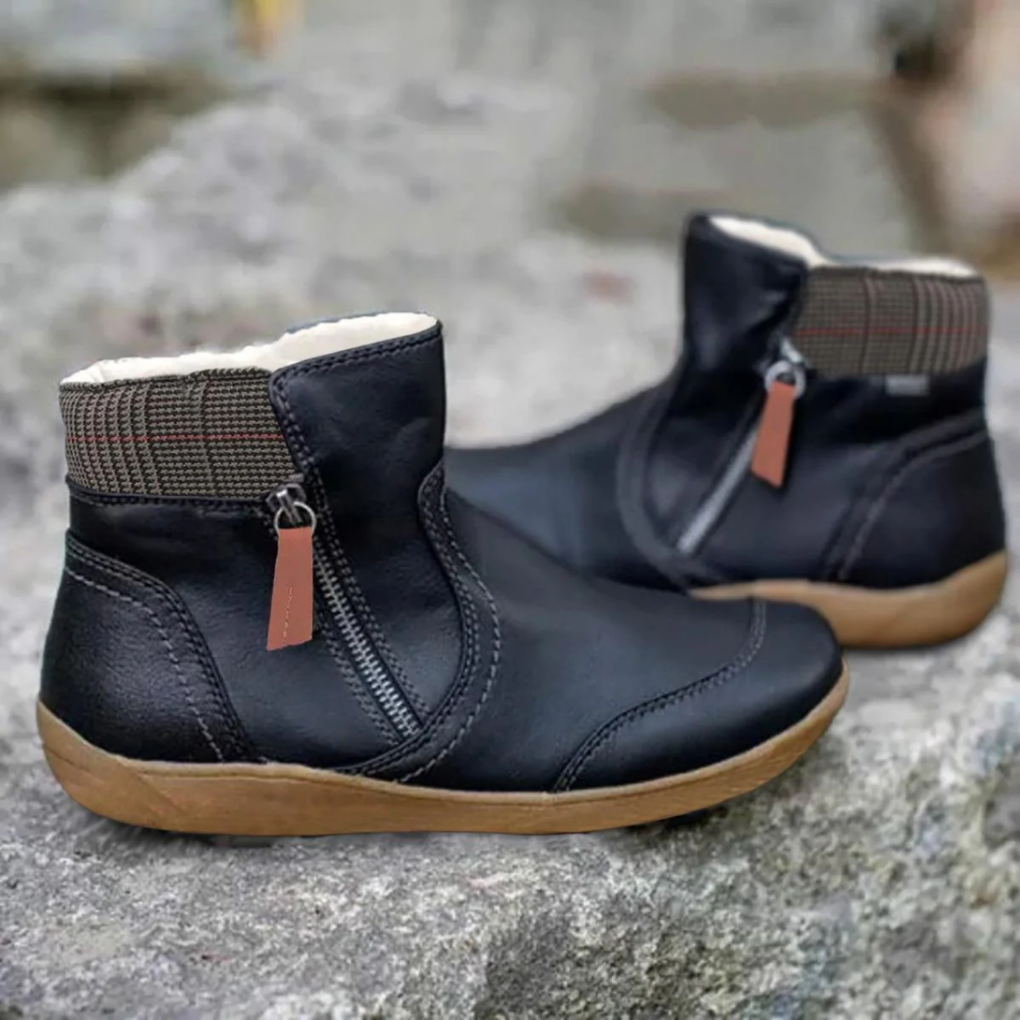 Women's Ankle Boots with Side Zip and Plaid Collar Detail