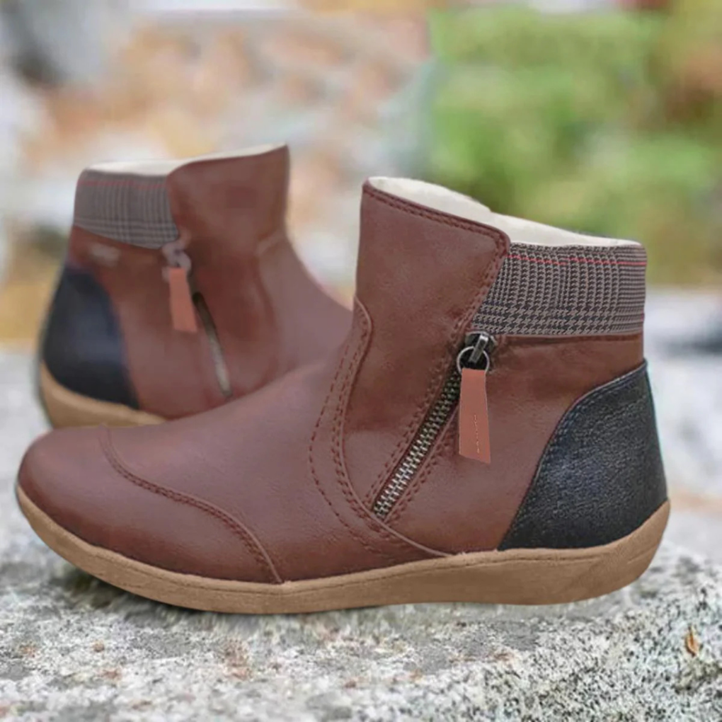 Women's Ankle Boots with Side Zip and Plaid Collar Detail