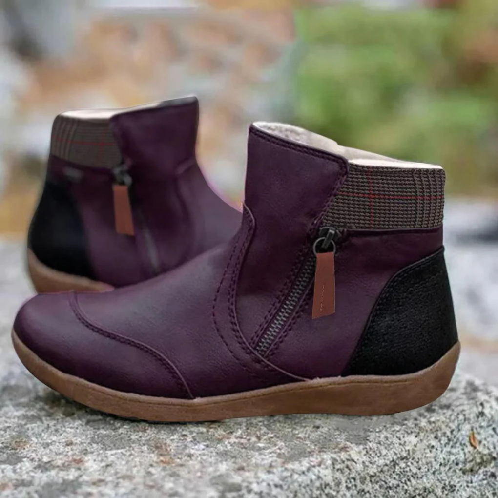 Women's Ankle Boots with Side Zip and Plaid Collar Detail