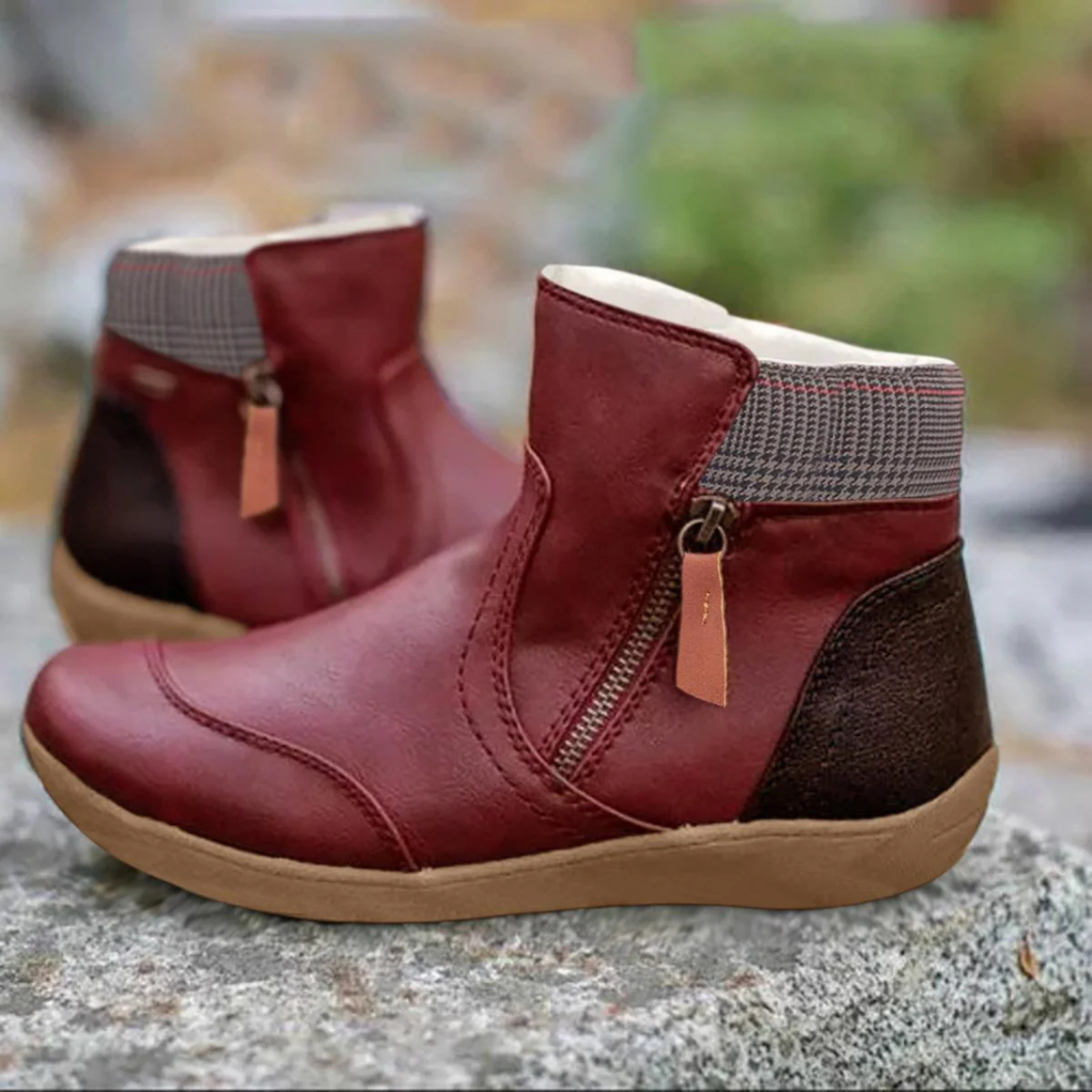 Women's Ankle Boots with Side Zip and Plaid Collar Detail
