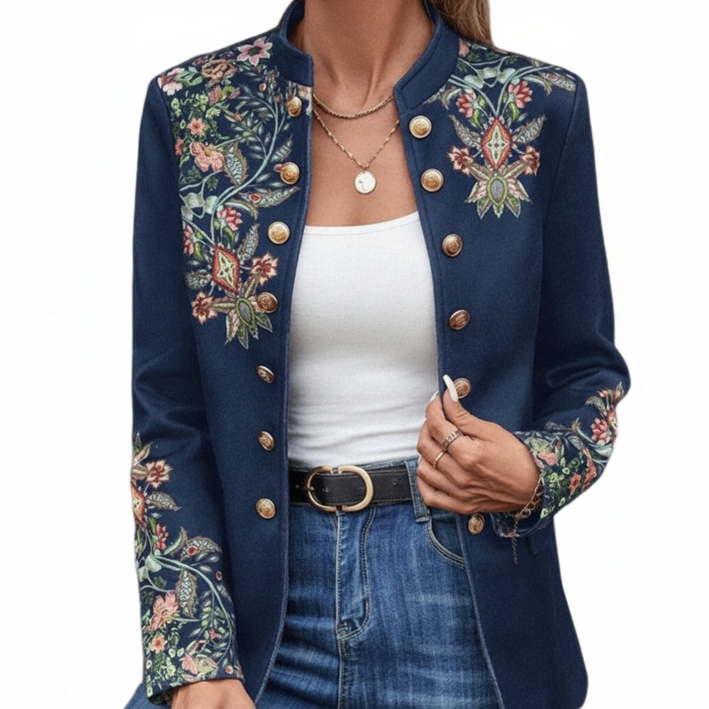 Women's Blazer with Floral Print, Stand Collar and Double Button Closure