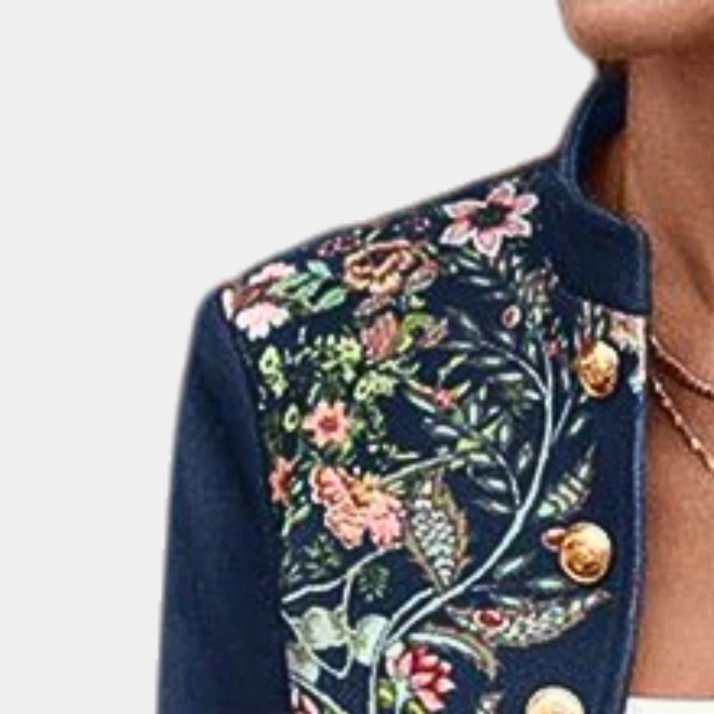 Women's Blazer with Floral Print, Stand Collar and Double Button Closure