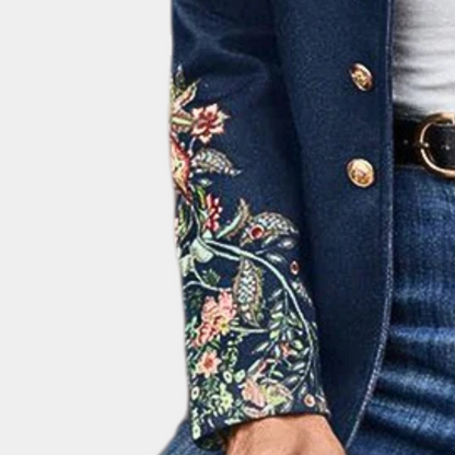 Women's Blazer with Floral Print, Stand Collar and Double Button Closure