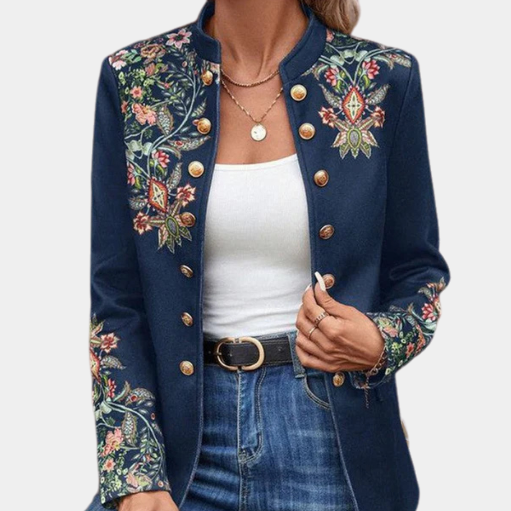 Women's Blazer with Floral Print, Stand Collar and Double Button Closure