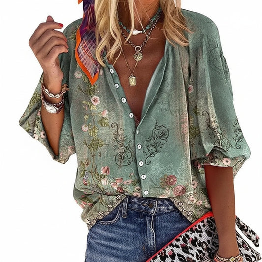 Women's Bohemian Blouse with Batwing Sleeves, V-Neck and Floral Print - 1