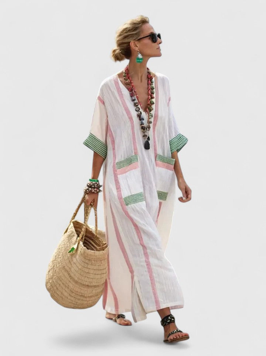 Women's Boho Maxi Dress with V-Neck and Contrasting Stripes - 1