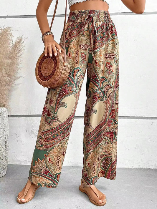 Women's Boho Wide Leg Pants with Paisley Pattern and Elastic Waist - 1