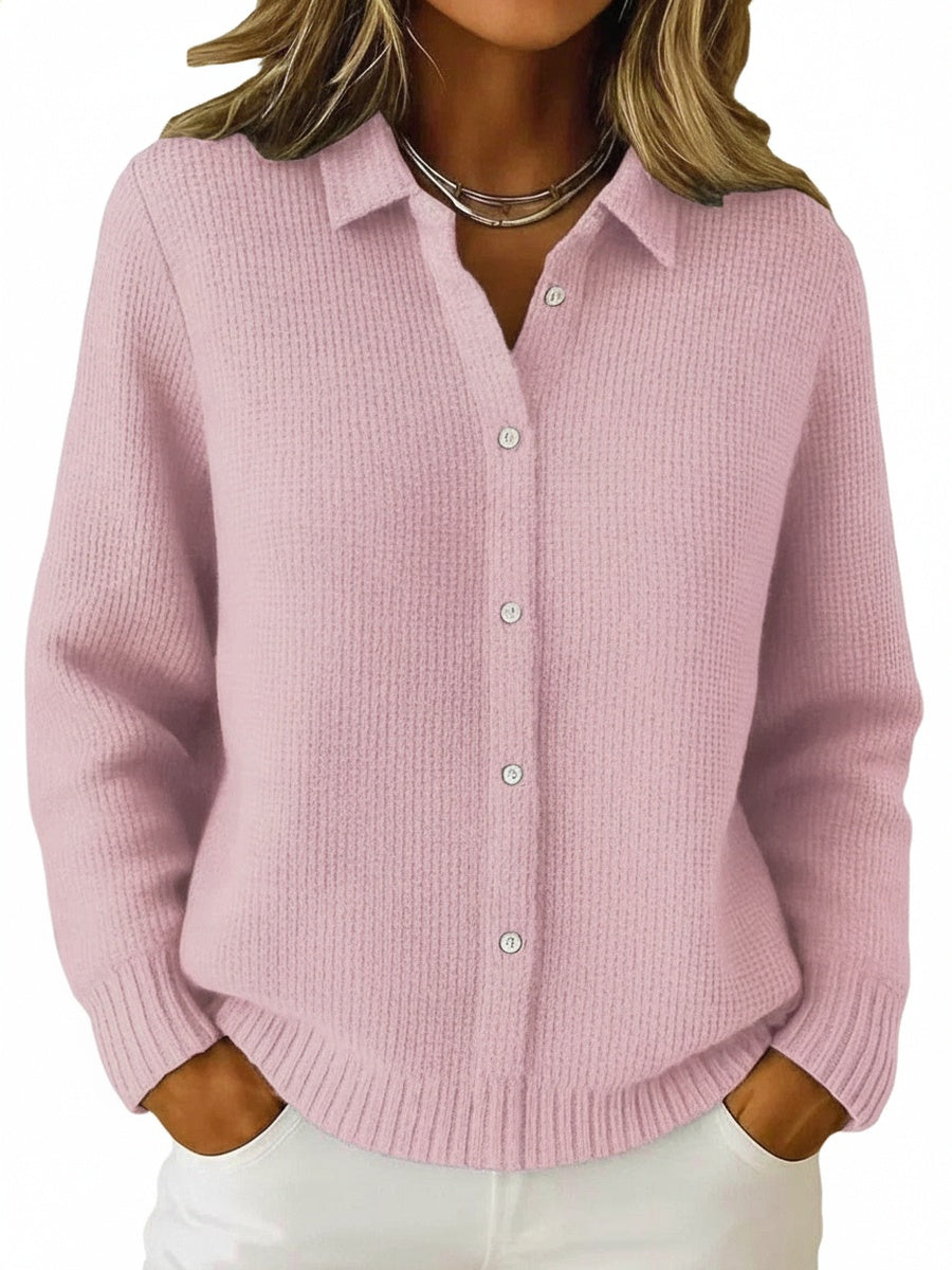 Women's Button-Up Cardigan with Collar, Long Sleeve and Ribbed Hem